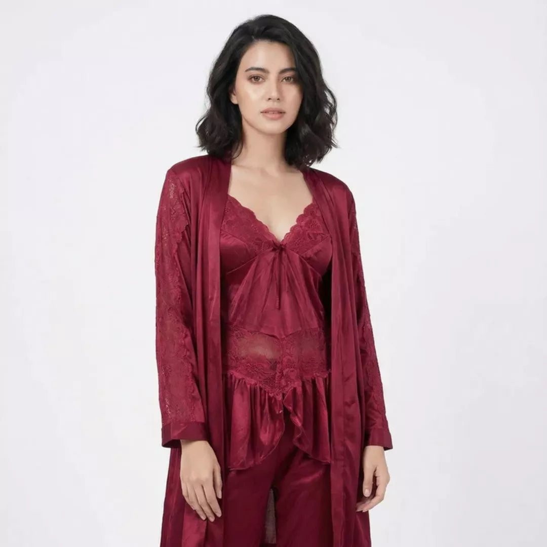 Women’s Silk Touch Maroon Gown Set – Soft Satin Nightwear