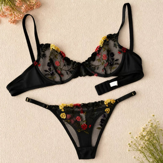 Olive Floral Embroidered Lingerie Set – Bra & Panty