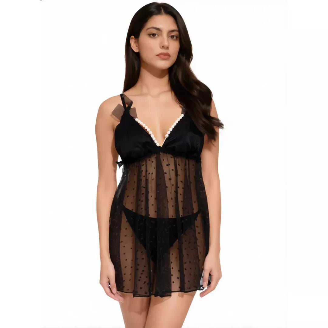 Women’s Novera Black Babydoll Lingerie – Stylish Mesh Nightwear