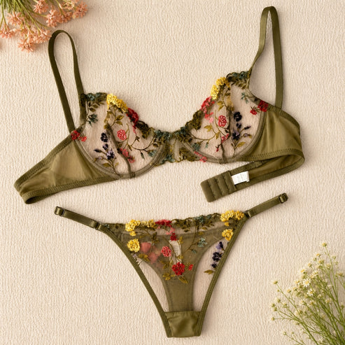 Olive Floral Embroidered Lingerie Set – Bra & Panty