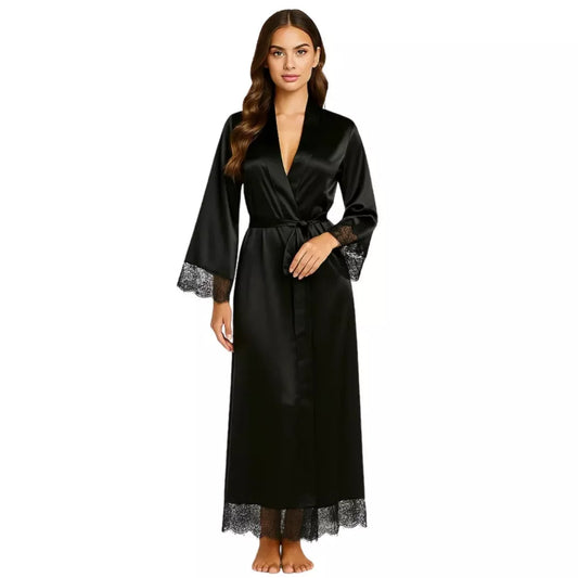 Women’s Artistry Red Lace Long Robe – Elegant Satin Nightwear