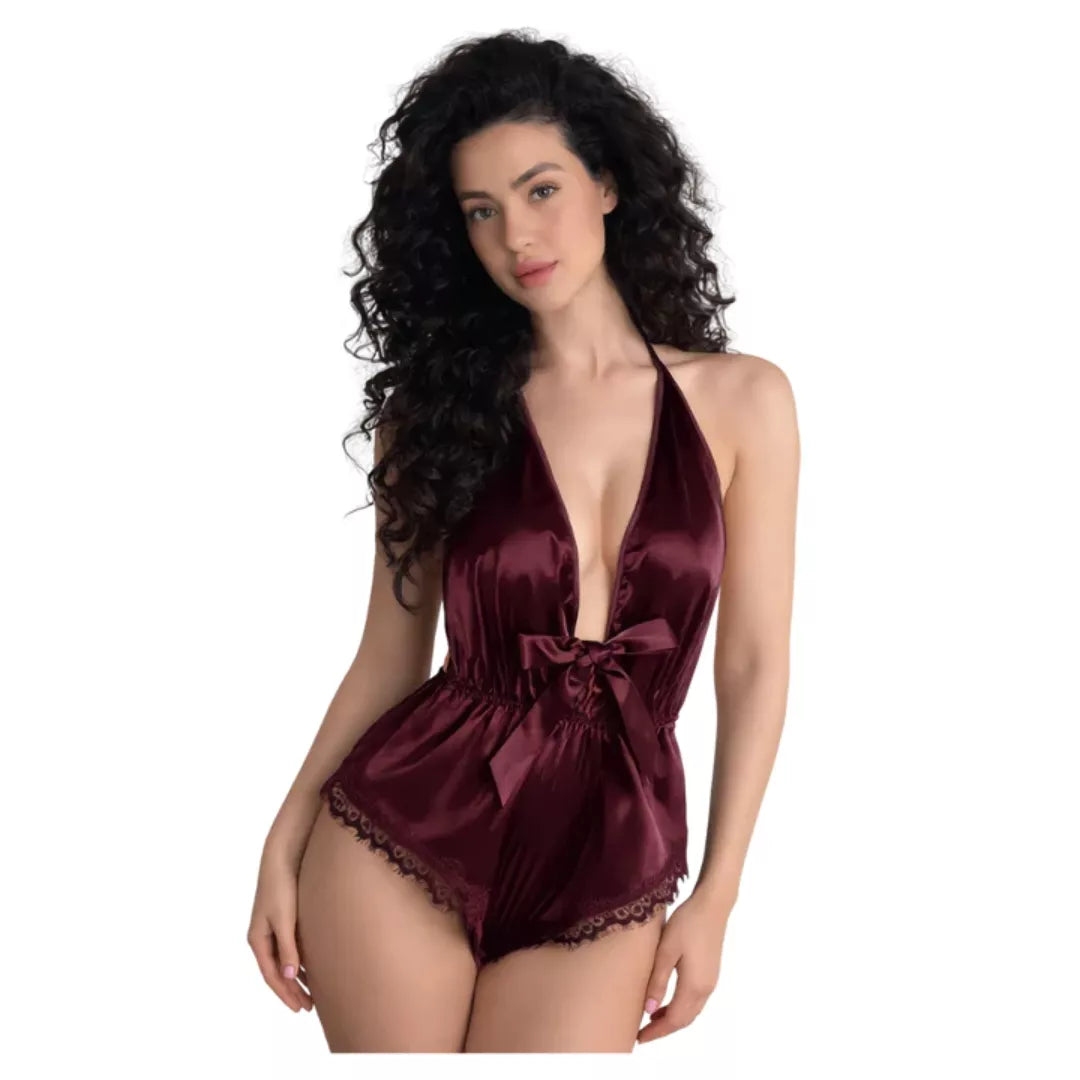 Women’s Deep V Silk Nighty Bodysuit – Soft Satin Sleepwear