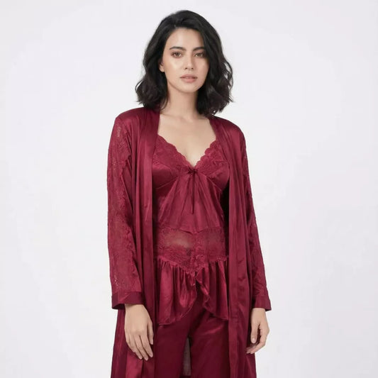 Women’s Silk Touch Maroon Gown Set – Soft Satin Nightwear